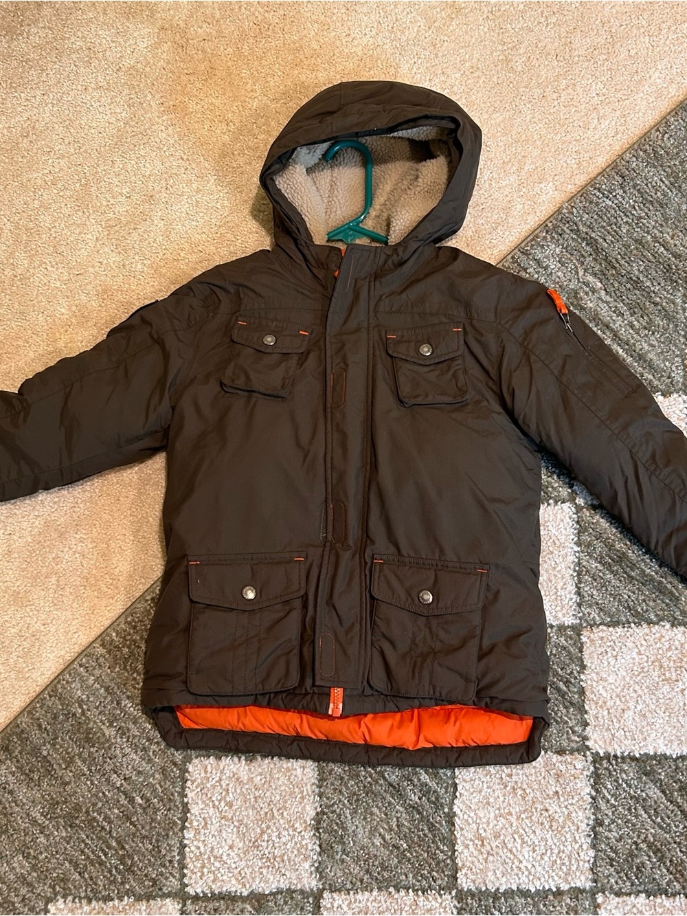 Lands' End Kids Hooded Puffer Jacket in Brown with Orange Lining